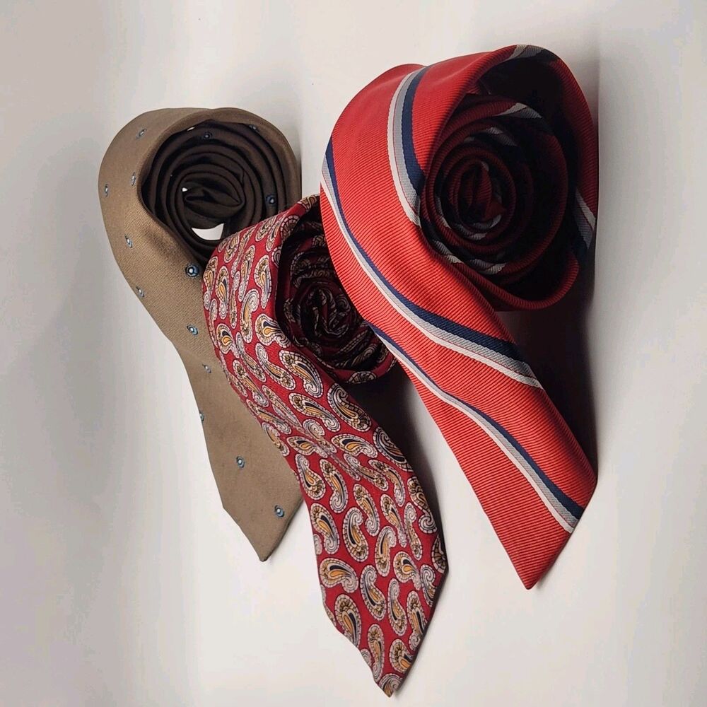 Lot of 3 Multicolor Striped Paisley Foulard Men's Neckties Red Coffee and Marine